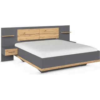 rauch Bettanlage "Bett Doppelbett Komfortbett Funktionsbett BOSTON-EXTRA" Set, Liegeflächen 160 cm oder 180 cm, 3 tlg. tlg. Mit warmer Kopfteil-Beleuchtung, 2x Hänge-Nachttische MADE IN GERMANY, graumetallic, eiche artisan