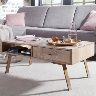 FineBuy Couchtisch Mango Massivholz rechteckig 95cm · Wohnzimmertisch mit Schublade & Ablagefach · Landhausstil mit Metallbeinen Retro Design - Braun