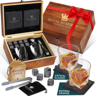 Whisky Geschenkset – Whiskey Gläser, Steine, Eiszange, Untersetzer, Holztruhe, Samtbeutel, Geschichts- und Rezeptkarten – Zubehör Set, Geschenk für Männer, Ehemann von Royal Reserve