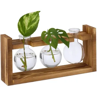 Relaxdays Ständer Reagenzglas Vase, runde Glasvasen mit Halterung, Blumen & Pflanzen, HxBxT: 13x28x6,5 cm, transparent/Natur, Rund