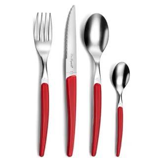 Lou Laguiole Besteck MONTANA, Tafelbesteck für 6 Personen, 18/0 Edelstahl mit kristallierter Dekorgriffschale, rot, 24-teilig