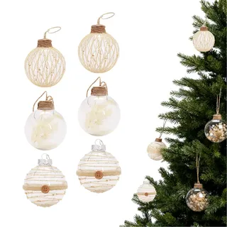 Weihnachtskugel Set 6 Stück 8 cm, Handgemachte Klare Kunststoff-Kugeln, Boho Beige mit Jute-Ummantelung, Hängende Christbaumschmuck für Weihnachtsdekoration in Wohnzimmer und Geschäftsräumen (Beige A)