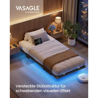 VASAGLE Bettgestell 90 x 200 cm mit LED-Beleuchtung, USB-C-Anschluss, Steckdosenleiste, Schlafzimmer, trägt bis 250 kg, schwarz - Schwarz