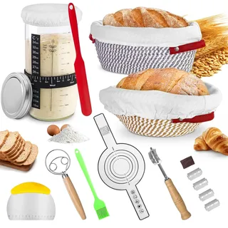 Brot Gärkörbchen Set, 14-Teilig Sauerteig Starter Set mit 2 Gärkörbe Rattan, Sauerteig Starterglas, Teigschaber, Brotbackform, Teigbesen, Silikonpinsel, Brot Backen Zubehör für Handwerkliches Backen