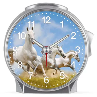 Eurotime Kinder Wecker für Mädchen mit Pferde-Motiv, Kunststoffgehäuse und Kunststoffglas, geräuscharmer Wecker, kein Ticken, mit Licht und Weckwiederholung, 29614-07
