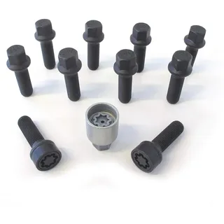 H&R Radschrauben Satz Kugelbund R14 M14x1.50 - Länge 43mm - Schwarz - 10 Stück - inkl. Felgenschloss