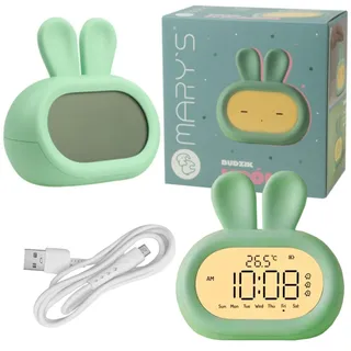 Nachttischlampe mit LED, Wecker, elektronische Uhr für Kinder, batteriebetrieben, Kaninchen-Design - Grau, Grün, Rosa