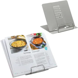 Relaxdays Buchständer, 2er Set, Leseständer 6-Fach höhenverstellbar, Kochbuchhalter mit Klemme, Küche, Stahl, grau