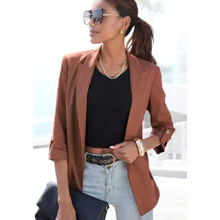 Longblazer LASCANA "mit gerafften Ärmeln, aus leichter Webware mit Viskoseanteil", Damen, Gr. 34, nougat, Web, Obermaterial: 45% Viskose, 40% Polyester, 12% Polyamid, 3% Elasthan. Futter: 100% Polyester, unifarben, figurumspielend hüftbedeckend, mit Riegel, Blazer Longblazer, leichter Sommerblazer, modische Blazerjacke, Business-Look, festlich, Topseller