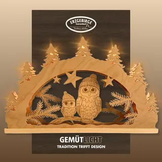 Schwibbogen WEIGLA "Wintereule im Tannenwald, Lichterbogen aus Holz, NATUR", natur, B:52cm H:32cm T:4,5cm, Holzwerkstoff, Schwibbögen, Schwibbogen