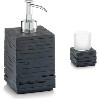 Zeller 18316 Seifenspender Schiefer, Polyresin, ca. 8 x 8 x 16 cm, schwarz + Zahnputzbecher Schiefer, Polyresin, schwarz, ca. 8,3 x 8,3 x 11,5 cm