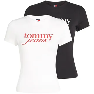 T-Shirt TOMMY JEANS "TJW 2PACK ESSENTIAL LOGO TEE", Damen, Gr. M (38), beige (ecru, schwarz), Single Jersey, Obermaterial: 70% Baumwolle, 30% Viskose, bedruckt, slim fit kurz, Rundhals, abgesteppt, Shirts T-Shirt, mit Logodruck