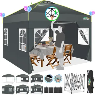 COBIZI Pavillon 3x3 Faltpavillon Wasserdicht Stabil Winterfest Partyzelt Faltbar,Einfache Einrichtung UV-Schutz 50+ mit 4 Seitenwänden, 3 Höhenverstellbar Gartenpavillon für Markt,Garten,Grau