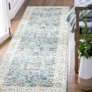 TOPICK Blau 90x150cm Teppich Wohnzimmer Waschbar Superdünne Vintage Blumen Perserteppich Kurzflor Küche Schlafzimmer Wohnzimmer Mädchen Floral Antirutschunterlage Faltbar