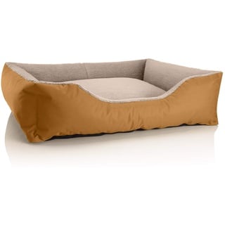 BedDog Hundebett Teddy, Hundesofa aus Cordura und Microfaser-Velours, waschbares Hundebett mit Rand, Hundekissen Vier-eckig, für drinnen, draußen, Größe XL, Gold-beige