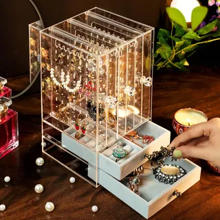 BELLE VOUS Ohrringe Aufbewahrung Jewelry Organizer - L12,8 x B13 x H24,5 cm - Staubdichtes Schmuckkästchen Acryl mit Ohrring Aufbewahrung & Samt Schubladen - Ohrringe, Armbänder & Ketten Halterung