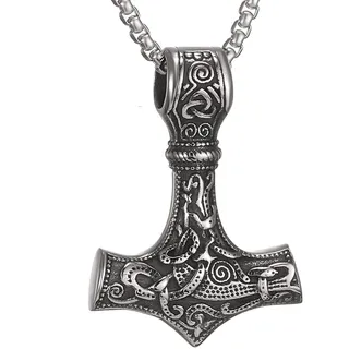 AFSTALR Wikinger Schmuck Herren Halskette Thors Hammer Halskette - Nordische Mythologie Mjolnir Wikinger Runen Hammer Edelstahl kette Viking Geschenke für Männer 70cm Silber