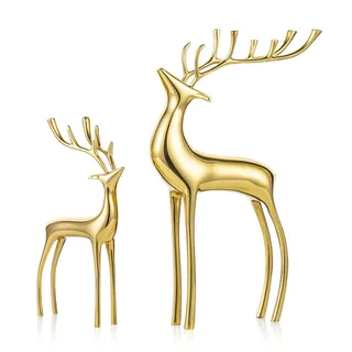 Sziqiqi Rentier Tier Figur Skulpturen Statuen Set von 2, Metall Hirsch Ornamente für Wohnkultur Akzente Wohnzimmer Schlafzimmer Büro Bookself Tischplatte Mantel Weihnachtsdekoration, Gold