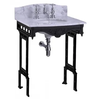Casa Padrino Luxus Jugendstil Stand Waschtisch Weiß / Schwarz mit Marmorplatte, Höhe 805 mm, Breite 650 mm, Tiefe 575 mm, Höhe bis Spritzschutz 957 mm - Weiß, Schwarz