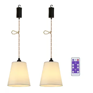 2x Stoff Hängelampe mit Batterie Hanfseil Boho Lampe Akku Deckenlampe Ohne Strom Batteriebetriebene Deckenleuchte Hängeleuchte Hängelampen mit Glühbirne Lampenschirm Schlafzimmer Deko