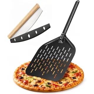 Pizzaschieber-Set mit perforierter Pizzaschaufel und Pizzawiegemesser, Antihaftbeschichtung für hausgemachte Pizza und Brot aus dem Backofen, auf dem Pizzastein oder Grill