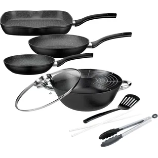 GSW Topf-Set »Gourmet Granit«, Gusseisen, (Set, 6 tlg., 1x Bratpfanne Ø 20/24 cm, 1x Grillpfanne 28 x 28 cm, 1x Wok Ø 32 cm), Induktion, schwarz