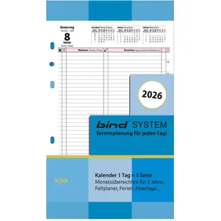 Bind B550326 Kalendereinlage für Tageskalender A5, Timer Einlage für Kalender Jahr 2026, 1 Tag / 1 Seite, Terminkalender mit System, Kalendarium für bind Systemplaner und Standard Timeplaner