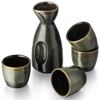 Keramik Sake Satz für Wärmeren Liquor Sake Set 1 Sake-topf mit 4 Sake Becher (Grün Schwarz)