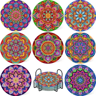 8 Stück Mandala Diamond Painting Untersetzer with Holder 10x10cm | Mandala Diamond Painting Untersetzer, Mosaik Basteln für Erwachsene 5D Diamant Painting Bilder Klein für Anfänger