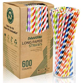 Bunte Lange Einweg Trinkhalme aus Papier, 26 x 0,6 cm, 600 Stück – für Partys, Hochzeiten, Getränke, Bars, Restaurants