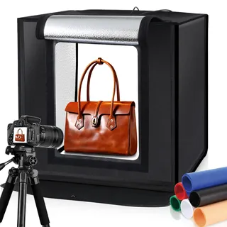 PULUZ Fotobox Produktfotos, 60x60cm Photo Box mit 120 LED-Leuchten 5500K + 6 Hintergründen für Schmuck und Produktfotografie 36W EU-Stecker