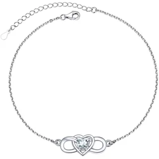 PROSILVER dünne Fußkettchen mit Herz Zirkonia Damen Silber 925 22+5cm Unendlichkeit Fußarmband mit April Geburtsstein Sommer Strand Knöchel Armband Schmuck Accessoire