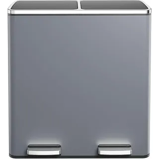 Clevich Mülleimer Küche, 2 x 30 Liter, 2 Fächer, Mülltrennsystem 60L, 2 pcs Kunststoff Inneneimer, Softclose Deckel, Treteimer, Klappdeckel, Grau