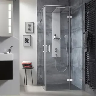 HSK Atelier Plan Eckeinstieg 4-teilig, mit Clipsprofil, Maße: 90,0 cm x 80,0 cm x 200,0 cm, 17208017-68-50edelglas, Duschkabine: Schwarz-matt: ESG klar mit Edelglas