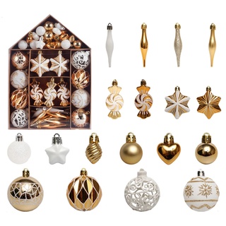 Fouriding Weihnachtskugeln 73pcs Kunststoff Christbaumkugeln Hängende Dekoration für Weihnachtsbaumschmuck (Weiß Gold)