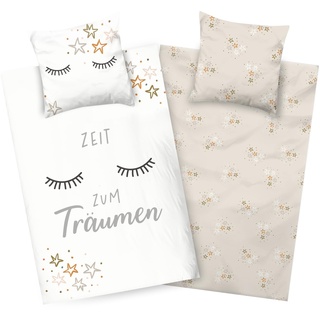 Aminata kids Bettwäsche 135x200 Sterne Wimpern Teenager Mädchen Baumwolle beige weiß | YKK Reißverschluss | Wolke Spruch - Jugendliche Kinder-Wende-Bettwäsche-Set