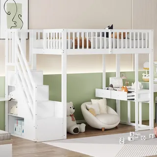 Flieks Etagenbett 90x200cm mit Rausfallschutz, Hochbett mit Schreibtisch, Kinderbett Einzelbett Holzbett mit Schubladen, Stockbett mit Treppe, Weiß - Weiß