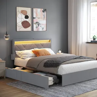 VASAGLE Doppelbettgestell, Bettgestell, 140 x 200 cm, LED, Metallbett, 4 Schubladen, Ladestation, verstellbares gepolstertes Kopfteil, Hellgrau - Hellgrau