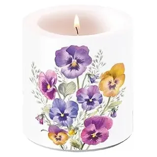 Ambiente Kerze Stumpenkerze Wachswindlicht 9 cm hoch Brenndauer ca 35h Blumen Frühling Sommer Garten Stiefmütterchen Dekorationskerze Serie pansies
