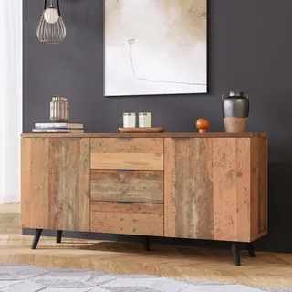 okwish Sideboard TV-Schrank , 140cm mit verstellbaren Regalen, Kommode, vertikaler Schrank, Aufbewahrungsschrank mit drei Schubladen für Wohnzimmer, Esszimmer, Schlafzimmer, Braun - Braun