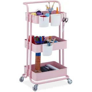 Relaxdays Rollwagen, 3 Etagen, 2 Bremsen, Allzweckwagen für Küche und Büro, Rollregal HBT 86x38x39 cm, Metall, rosa
