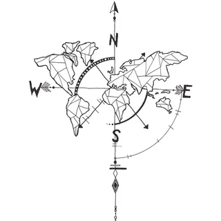 DecalMile Geometrisch Weltkarte Wandtattoo Kompass Wandsticker Vinyl Schwarz Wandaufkleber für Wohnzimmer Schlafzimmer Büro