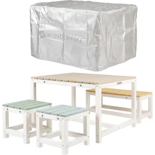 WONDERMAKE WONDERMAKE® Design Kindersitzgruppe Outdoor Garten Holz mit Abdeckung, Kinder-Sitzgarnitur Indoor Picknick-Gruppe ab 3 Jahre Gartenmöbel-Set weiß bunt - Bunt, Weiß, Grau, Gelb, Grün, Blau
