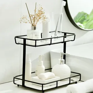 Badezimmer-Organizer, Parfüm-Organizer, Make-up-Organizer, Kosmetik-Aufbewahrung, Präsentationsregal, Schminktisch, Kommode, Edelstahl, goldfarbenes Regal, weißer Marmor, Keramik-Tablett (2 Etagen