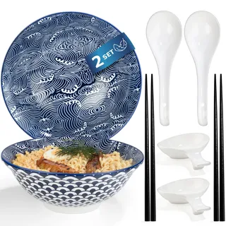 Urban Lifestyle – Ramen Schüssel Set 8-teilig aus Porzellan 1 L · Für 2 Personen mit Schüsseln, Dip-Schälchen, Ramen Löffeln & Stäbchen · Ideal für Nudeln, Udon, Pho & Salat · Ramen Bowl (Seigaiha)
