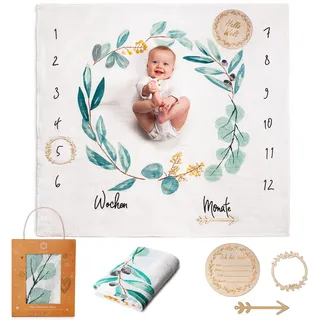 ODOXIA Baby Meilenstein Decke auf Deutsch | Baumwolle Musselin Tuch | Pucktuch | Monatsdecke Baby Junge & Mädchen, Unisex | Blätter | Geschenk Für Mütter | Blanket Musselin Decke