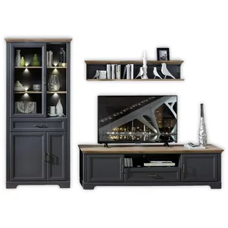 Stella Trading JASMIN Wohnwand Komplett-Set in Graphit, Artisan Eiche Optik - Schrankwand mit LED-Beleuchtung für Ihr Wohnzimmer im Landhausstil - 299 x 204 x 51 cm (B/H/T)