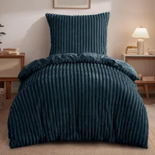 RUIKASI Winter Flanell Bettwäsche 155 x 220 Blau 2teilig, Plüsch und Warm | Kuschelige Flauschige Winterbettwäsche, Cord Teddy Fleece Cashmere-Touch Bettbezug mit Reißverschluss + 1 Kissenbezug 80x80cm