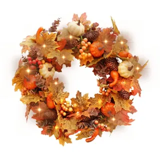 Herbstkranz für Haustür, 40 cm künstliche Ahornblätter mit Licht, Türkranz, Herbstkürbisse, Beeren, Tannenzapfen, Dekorationen für die Haustür, Erntedankfest, Dekor für Halloween/Weihnachten/Hochzeit