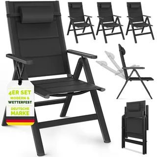 tillvex Gartenstuhl mit Polster Premium 4 Stück Schwarz klappbar aus Aluminium | Hochlehner mit Armlehnen | Klappstuhl verstellbar | Klappsessel Balkon Garten Terrasse - Schwarz